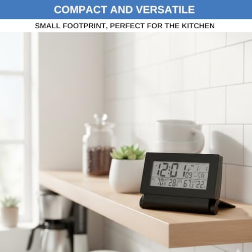 Digital Clock with Atomic RCC Time and Alarm | Indoor Temperature and Humidity Display | Wireless Sensor, Battery Operated with Blue Backlight for Bedroom or Desk