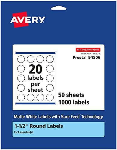 Avery® Matte White Round Labels, Sure Feed® Technology, 1.5" Diameter, 1,000 Matte White Printable Labels
