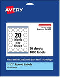 Avery® Matte White Round Labels, Sure Feed® Technology, 1.5" Diameter, 1,000 Matte White Printable Labels