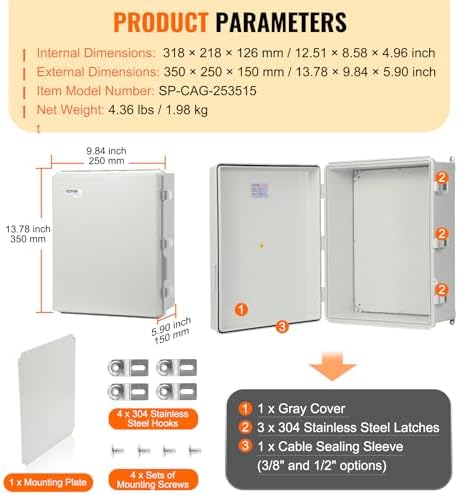 VEVOR Weather-Resistant Junction Box, Dimensions: 13.78 x 9.84 x 5.90 inches, Crafted from Durable ABS Plastic with a Secure Hinged Lid and Stainless Steel Lock, Offers IP67 Protection Against Dust