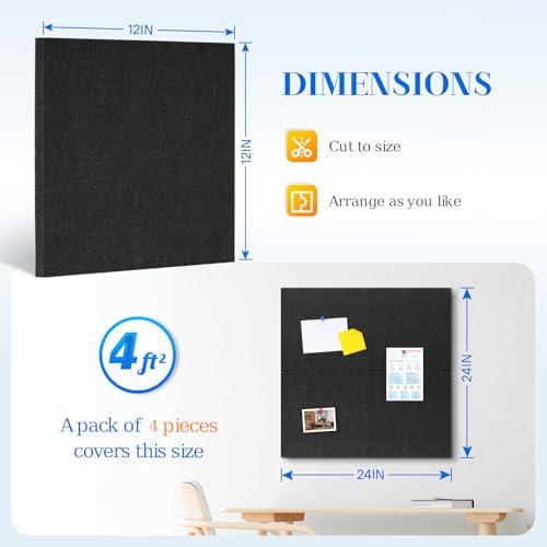 DOLLAR BOSS Felt Cork Board Tiles, 4 Pcs 12" x 12" Bulletin Board, Black