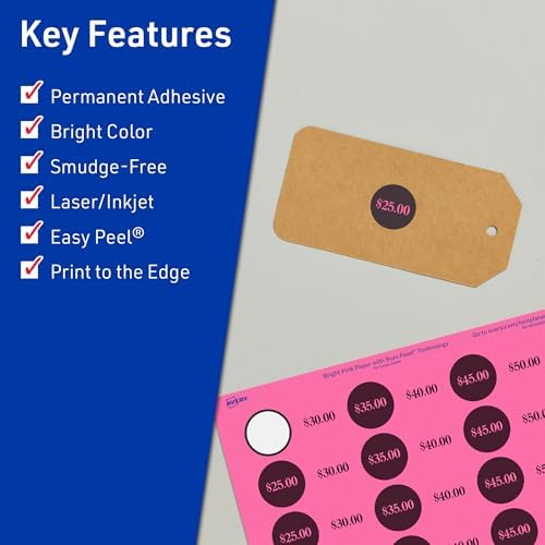 Avery® Printable Round Labels, Sure Feed® Technology, 1" Diameter, Bright Pink Labels, Print-to-the-Edge, Laser/Inkjet, 3,840 Total, Great for Price Stickers and Mailing Seals