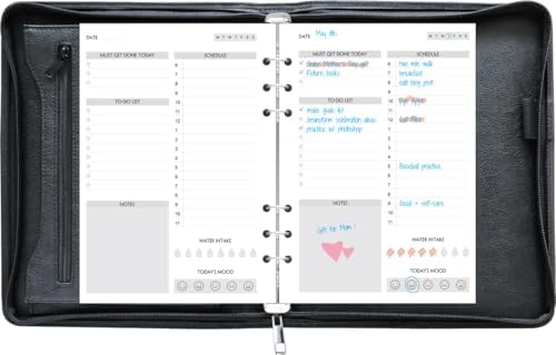 Fan&Ran Zipper Planner Organizer, Undated Starter Set Simulated Leather Cover, 6-Ring Binder, A5, Black