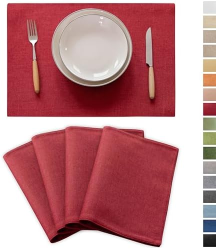 Demetex Placemats Set of 4 Heat Resistant Red Linen Place Mats Wipeable Cloth Placemats for Party Wedding Holiday Dinner, 13 x 19 inches, Wine Red