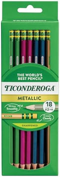 Ticonderoga Wood-Cased Pencils, Pre-Sharpened | #2 HB Soft, Metallic Colors, 18 Count, Standard Size, High Quality Eraser
