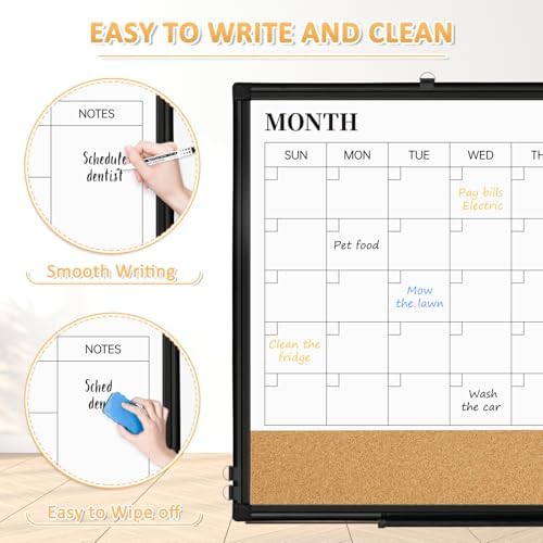 Monthly Dry Erase Calendar Whiteboard with Corkboard, 36" x 24", Black