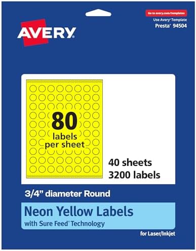 Avery Printable Round Labels, Sure Feed Technology, 3/4" Diameter, Neon Yellow Labels, Print-to-the-Edge, Laser/Inkjet, 3,200 Total, Great for Price Stickers and Mailing Seals