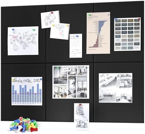 Neatsure Large Cork Board for Wall, Black Felt Bulletin Board with Pushpins, 36" x 24" 6 Panels Wall Tiles, Tack Push Pin Boards for Office