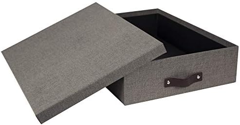 Bigso Oskar Canvas Fiberboard Document Letter Box - File Organizer Box for Important Paperwork - Document Storage with a Lid & Leather Handle - 3.3 in x 10.2 in x 13.8 in - Gray
