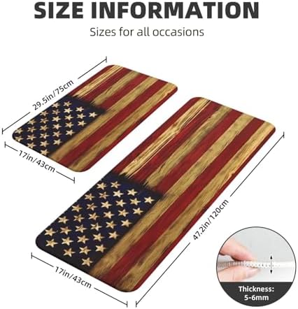 Vintage America Flag Kitchen Floor Mat Set of 2, Non Slip Rugs Absorbent Mats for Floor Countertop Office Home, Striped Star Flag Indoor Outdoor Decor Doormat 17" x 29.5" + 17" x 47"