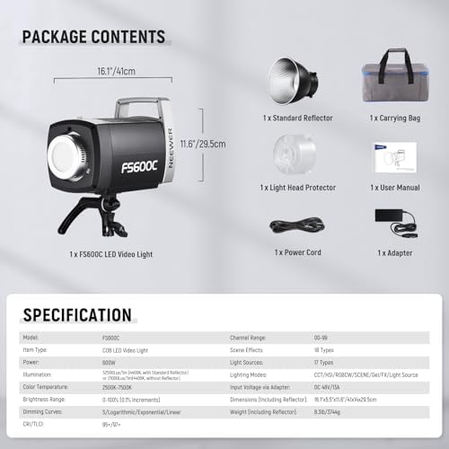 NEEWER Pro 600W RGB LED Video Light APP/2.4G/DMX Control, 2500-7500K 52500lx/1m COB Continuous Output Lighting, CRI95+/TLCI97+ Spotlight with Bag for Studio Photography Recording Streaming, FS600C