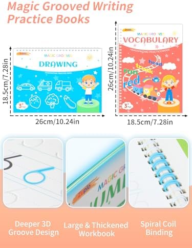 Magic Grooved Writing Practice for Kids Ages 3-8, Reusable Workbooks