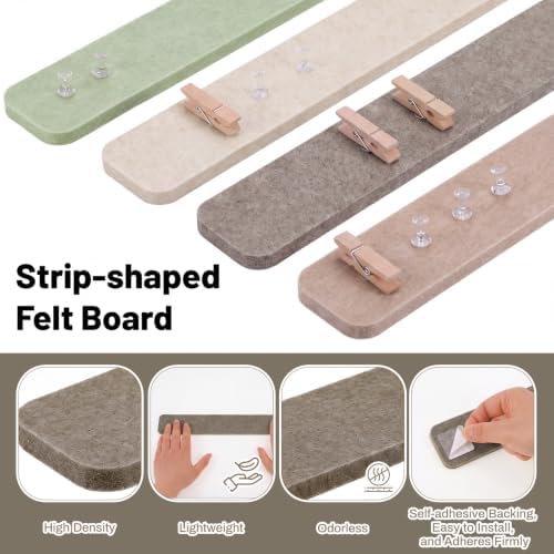 Thboxes 8 Pack Felt Bulletin Board Strips, 13x2 Inch Pin Boards with 50 Pushpins and 10 Wooden Clips Push Pins, Cork Board for Walls Home Office Decor, 24 Adhesive Tabs Included