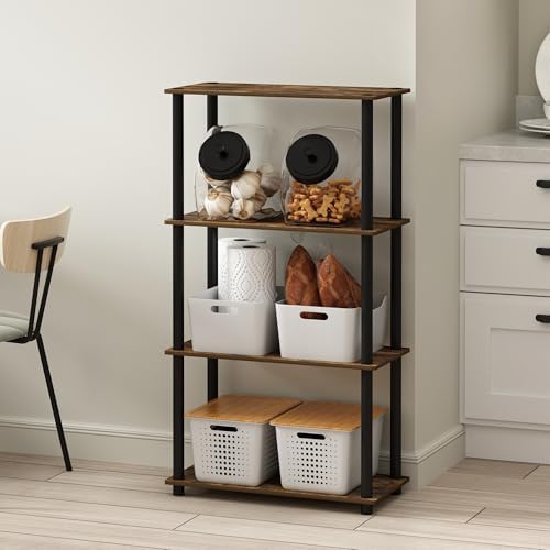 Furinno Turn-N-Tube Storage Shelves, 4-Tier Toolless Book Shelf, Corner Shelf, Toolless Open Shelves, for Organization and Storage, Living Room, Garage, Home Office, Amber Pine