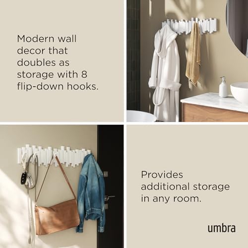 Umbra Sticks Wall Coat Rack, Wall Mount 8 Retractable Hooks, White