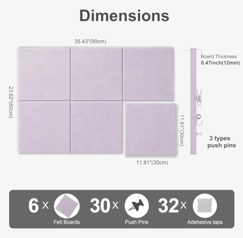 Felt Wall Tiles Bulletin Board Large Cork Board Alternative 6 Pack 11.81”x11.81”x0.47” Felt Pin Board Tack Board with Safe Removable Adhesive Tabs for Home Office School 36x24 (Light Purple)