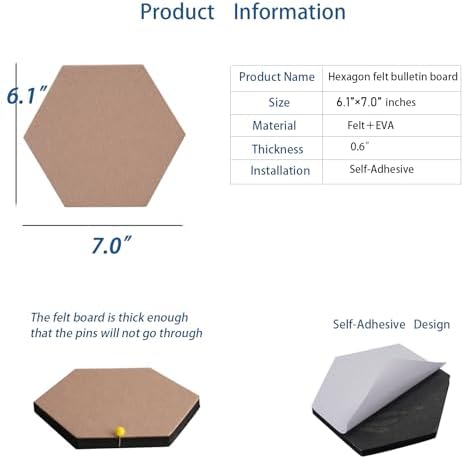 10Pcs Self Adhesive Felt Board Tiles Hexagon Bulletin Board for Walls, Felt Cork Pin Board for Pictures Photos Memos with Push Pins (Color A)