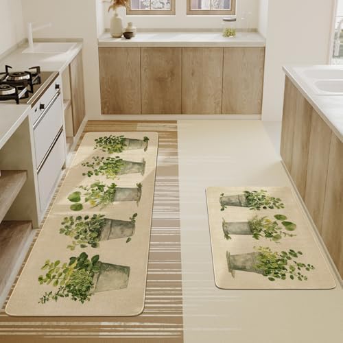 Spring Summer Farmhouse Kitchen Rugs and Mats Set of 2,French Herbs Wildflowers Flowers Floral Plants Non Slip Washable Floor Sink Mats Decorations for Home Kitchen 18"x48"+18"x30"