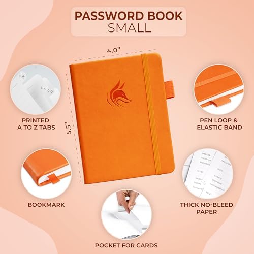 Clever Fox Password Book with Alphabetical Tabs, 4"x5.5" Keeper Orange