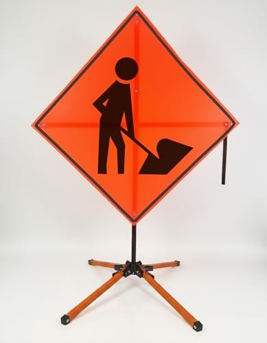 Traffic Roll-Up Sign Kit with Stand – Collapsible Safety Sign & Heavy-Duty Portable Stand, High Visibility, Easy Setup (Worker Symbol, Mesh)