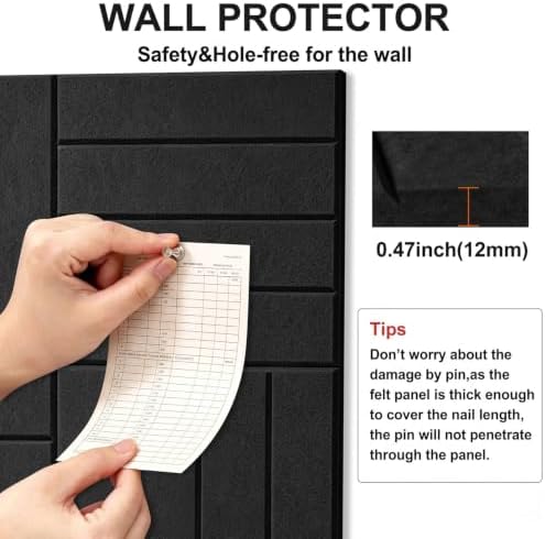 0.47" Thick Felt Wall Tiles 36"x24" Cork Board Alternative 6 Pack 11.81"x11.81"Felt Bulletin Board Pin Board with Removable Adhesive Tape&30 Pushpins for Home Office School(Bold-Black)