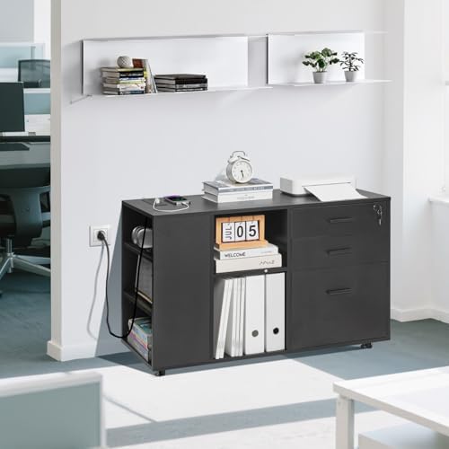 VEVOR 3 Drawer Wooden File Cabinet, Mobile Filing Cabinet with Power Strip, Lockable Rolling File Storage with Adjustable Shelves & 5 Wheels, Floor Standing Printer Stand for Home Office School, Black