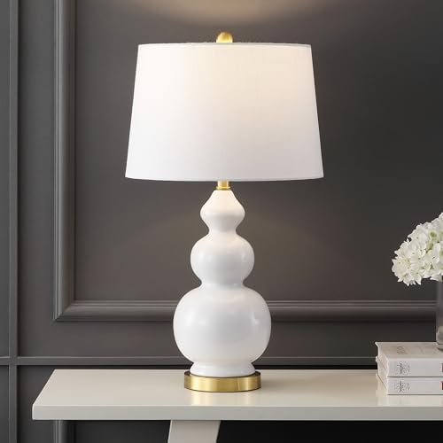 JONATHAN Y Bowen 27.5" Ceramic Triple Gourd Table Lamp, White/Brass Gold