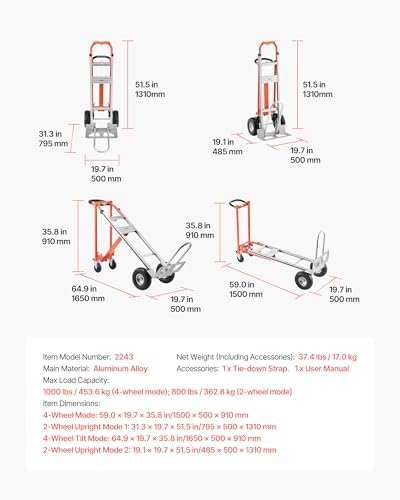 VEVOR 4 in 1 Hand Truck Dolly, 1000 lbs Load Capacity, Convertible Trolley