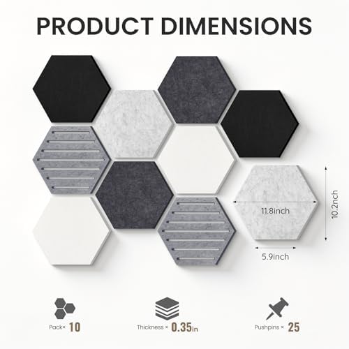Hexagon Cork Bulletin Board Tiles, 10 Pack Felt Board with 25 Push Pins, Photo Display Board for Office & Home Classroom Wall Decor, 11.8x10.2 Inches