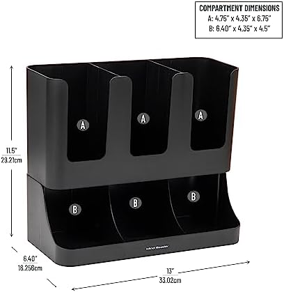 Mind Reader Condiment Station, 13 Inch Countertop Coffee Bar Organizer with 6 Compartments, Storage Caddy for Cups, Lids and Packets, Plastic, Black