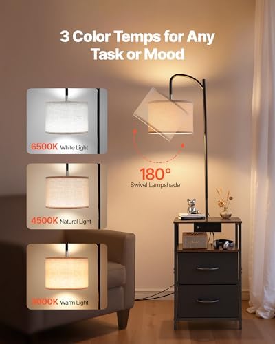 VEVOR Floor Lamp with Table & Charging Station, End Table with Lamp, 2 Drawers, USB, Type-C & AC Outlets, 3 Color Temperatures, Bedside Nightstand for Small Bedroom, Living Room, Dorm