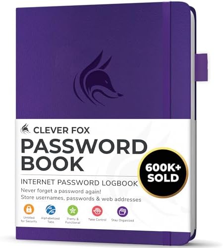 Clever Fox Password Book with Alphabetical Tabs, 4"x5.5" Keeper Purple