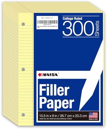 KAISA Loose Leaf Notebook Paper, College Ruled, 300 Sheets Per Lined Paper, 8" x 10.5", 3 Hole Punched for 3 Ring Binder, Canary, Made In USA