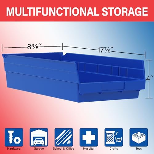 Akro-Mils 30158 Heavy Duty Plastic Shelf Bins, 18"x 8"x 4", Clear, 12-Pack
