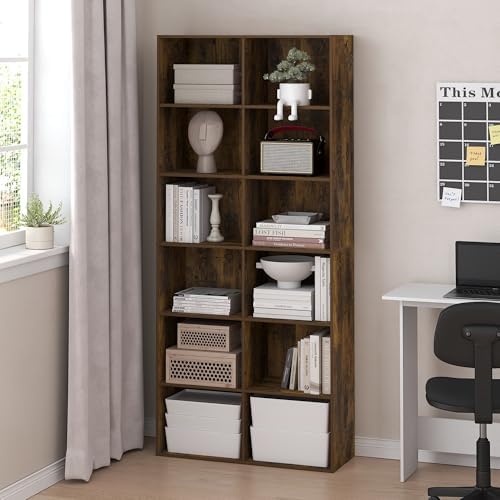 Furinno Basic Book Shelf, 12-Cube Bookshelf, Bookcase with Open Shelf, Cube Storage Organizer, 12 x 32 x 71, for Living Room, Home Office, Amber Pine