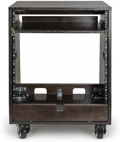 Sound Town DIY Slanted 10U Studio Rack (2U Top + 8U Lower) with 2U Bottom Storage, Slide-Out Tray, Casters, for Home Studio and Recording Room, Birch Plywood, Black Espresso (SDRK-ST10TD)
