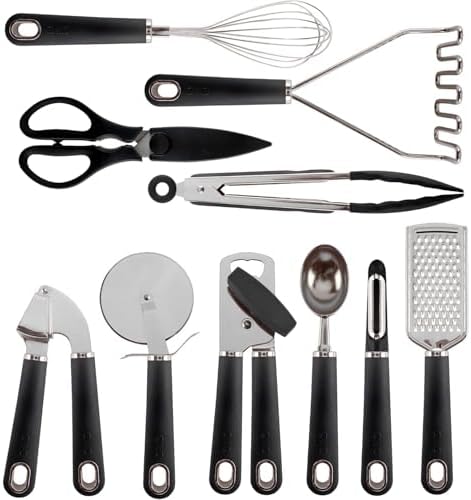 COOK WITH COLOR Kitchen Gadget Set Stainless Steel Utensils with Soft Touch Handles, 7 Pieces, Stainless Steel Black