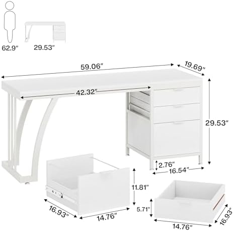 Tribesigns Computer Desk with 3 Drawers, 59-Inch PC Desk with Reversible Drawers, Industrial Study Writing Table Workstation with File Storage for Home Office, White