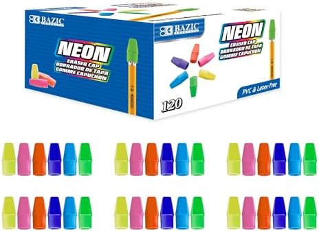 BAZIC Products Neon Pencil-Top Eraser Caps, Latex-Free, PVC-Free, 120 Count