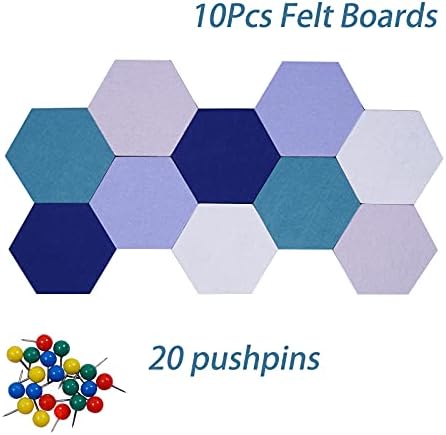 10Pcs Self Adhesive Felt Board Tiles Hexagon Bulletin Board for Walls, Felt Cork Pin Board for Pictures Photos Memos with Push Pins (Color C)