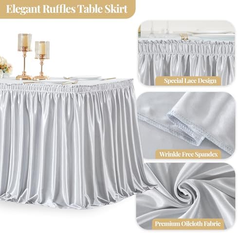 Wish Care 6ft Silver Satin Table Skirt for Rectangle Tables Wrinkle Free Teacher Desk Skirt Glitter Ruffle Table Skirting Cloth for Back to School Classroom Office Dorm Birthday Party Table Decor