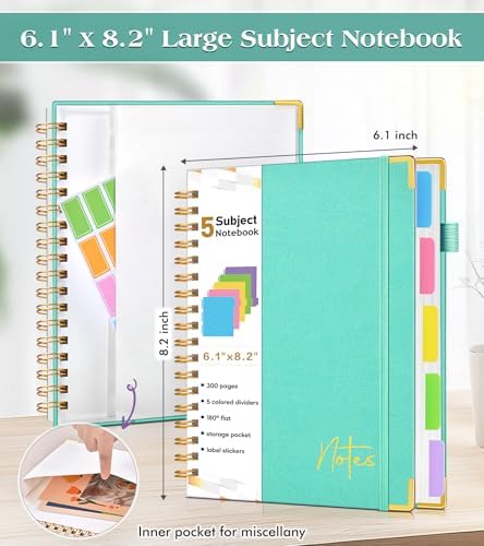 Spiral Notebook Journal with Removable Dividers Tabs, 300 Pages Hardcover Leather 5 Subject College Ruled Notebook, 6.1"x8.2" Large A5 Lined Journal for Women Men Spiral Notebook for Work School,Teal