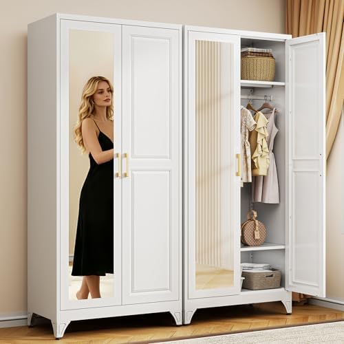 71" White Armoire Wardrobe Closet with Full Mirror