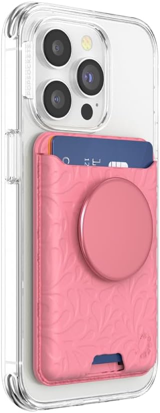 PopSockets Phone Wallet for MagSafe with Grip- Putty Tooled | PopWallet, Holds 3 Cards, Magnetic, Removable, Secure, Pink, Winter, Snowflake