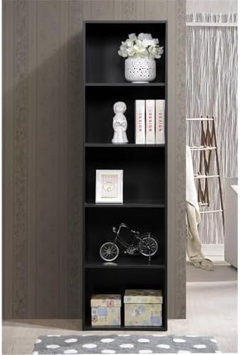Pemberly Row 5-Shelf Wooden Bookcase, Black Finish, 59.06 in H x 15.91 in W x 11.77 in D, Slim Multi-Purpose Design, Engineered Wood Construction, Contemporary Style for Home or Office Organization