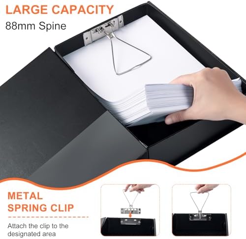 Storage File Boxes 4 Pack, Foldable File Box with Clip, 88mm Spine, Black | Archives Cases with Magnetic Closure, Plastic Document File Organizer Storage