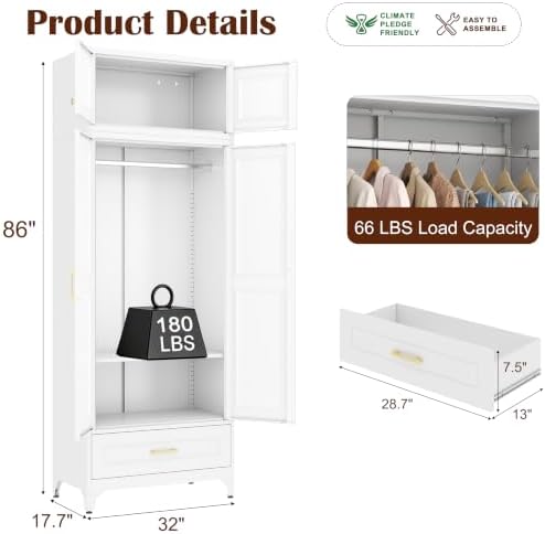 SteeLoong 86”H Metal Wardrobe Cabinet,Armoire Wardrobe Closet with Drawer