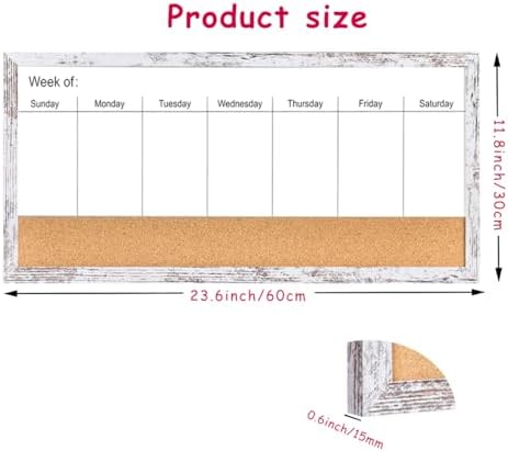 Magnetic Weekly Whiteboard and Cork Board, White Wood Frame, 24" x 12"