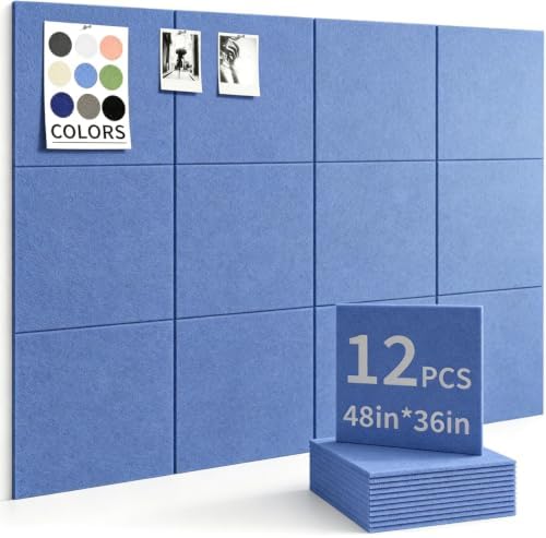 48" x 36" Cork Board Alternative, 12 Pack Felt Bulletin Board Tiles with 30 Adhesive Tabs Wall Push Pin Board for Office Classroom Bedroom Decor