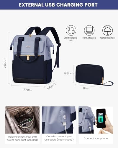 LOVEVOOK Laptop Backpack for Women, 15.6 Inch Work Laptop Bag with USB Port, Fashion Teacher Nurse Backpack Purse, Waterproof Travel Computer Backpack with Organizer Bag, 2PCS, Grey Blue-Ink Blue